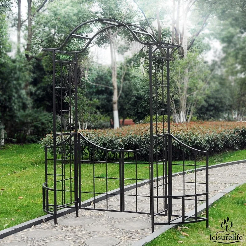 Steel Garden Arch Trellis with Gate, Planter Holders & Fence 5