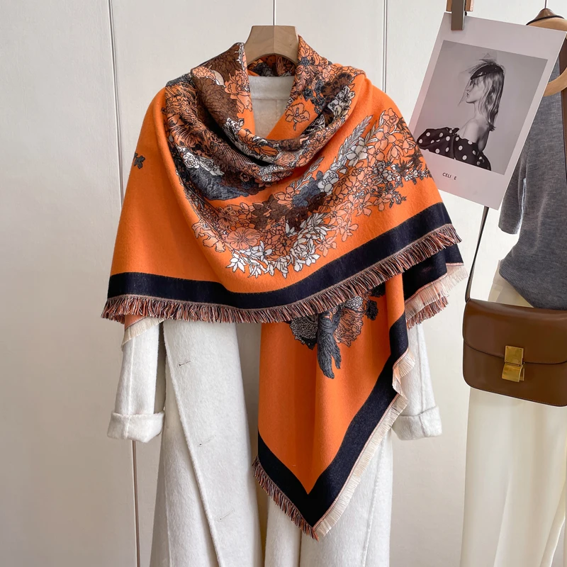 

Thick Winter Warm Blanket Poncho Stoles 2023 Luxury Shawl Pashmina Floral Print Cashmere Scarf Women Wraps Bufanda Female