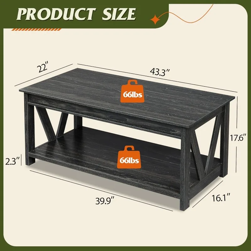Coffee Table,43" Living Room Coffee Table with Storage Shelf, Center Table for Living Room, Bedroom, Office and Balcony, Black 3