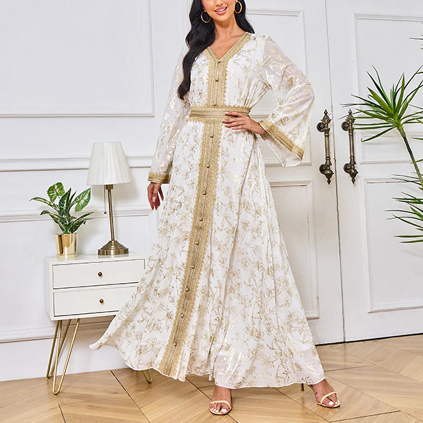 

Women's V Neck Floral Bronzing Long Dress Fashion Long Sleeved Muslim High End Dress Marocain Kaftan Ramadan Islam Clothing