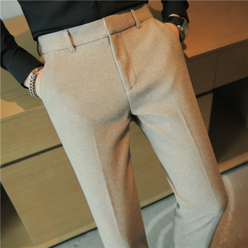 2022Autumn Winter Men Dress Pants Woolen Warm Business Formal Social Suit  Pants Casual Slim Striped Fit Cigarette Trousers Men - AliExpress