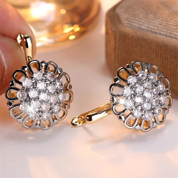 White Zircon Vintage Hollow Flower Hoop Earrings For Women Antique Gold Silver Color Ear Buckle Wedding Jewelry Versatile Gifts