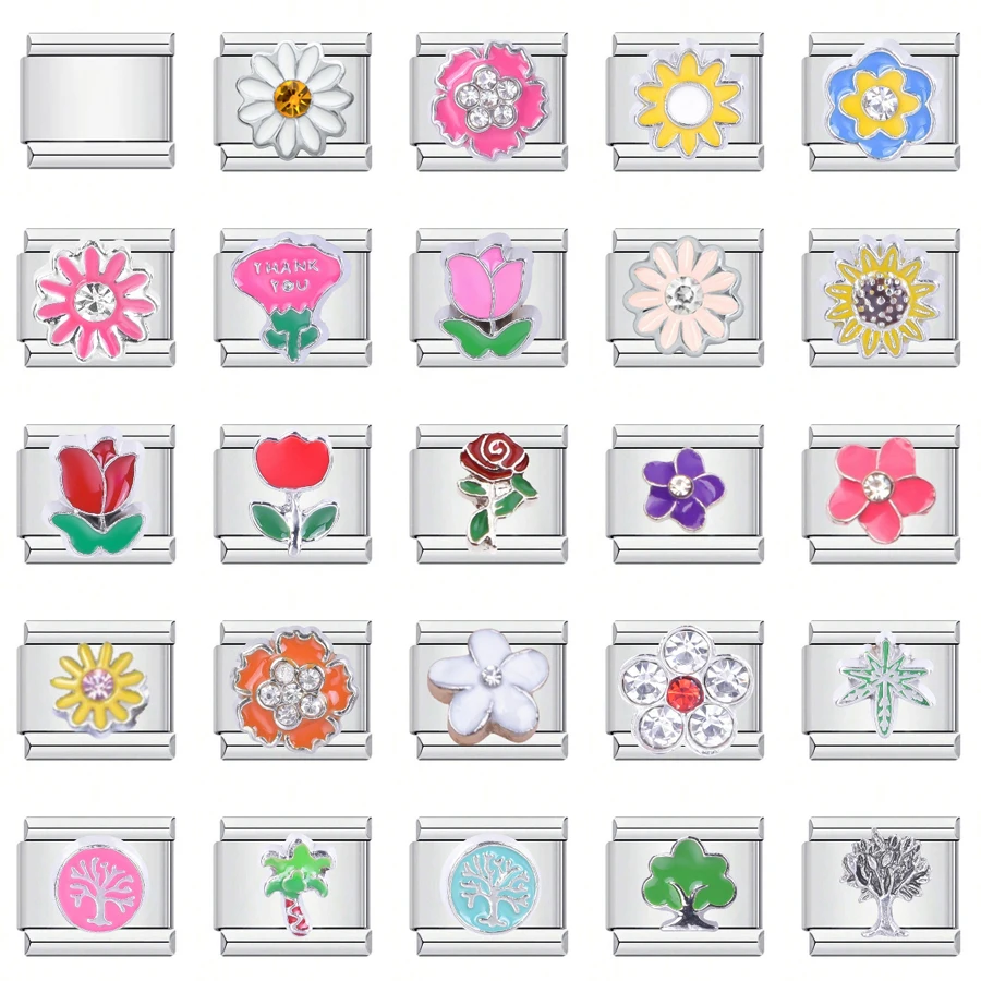 1PC DIY Stainless Steel Italian Charm Links Fit For 9mm Bracelets Women Men Jewelry Making Accessories Rose Flowers Tree Cactus 1