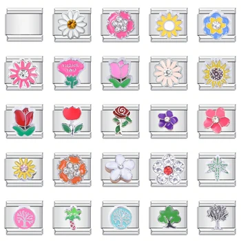 1PC DIY Stainless Steel Italian Charm Links Fit For 9mm Bracelets Women Men Jewelry Making Accessories Rose Flowers Tree Cactus 1