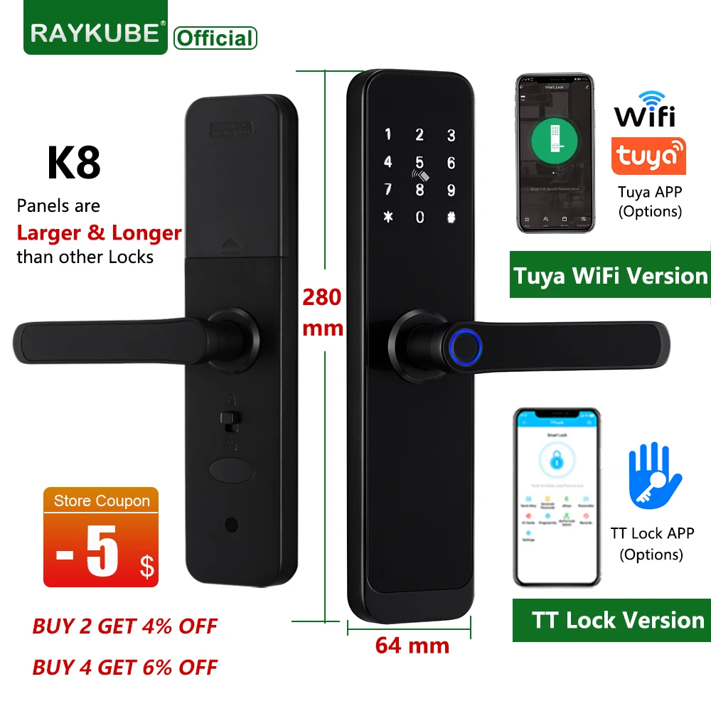 2023 Nuovo Raykube K8 Tuya Wifi Smart Door Lock Tt Lock Serratura Per Impronte Digitali Serratura Elettrica Digitale Con Pannelli Con Maniglia Più Gra