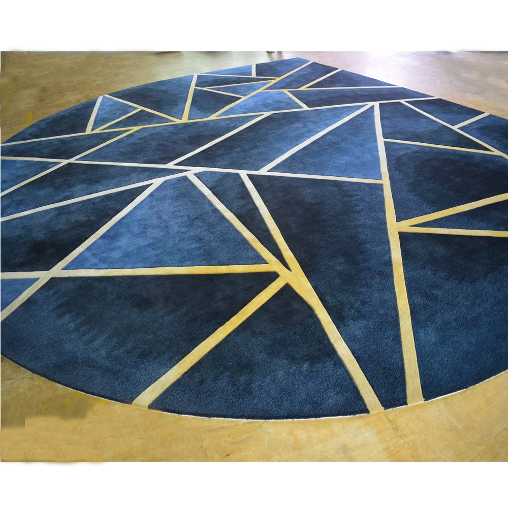 

Navy Blue Geometric Rug With Glod Line Hand Tufted Carpet Luxury Carpets and Rugs Living Rooms