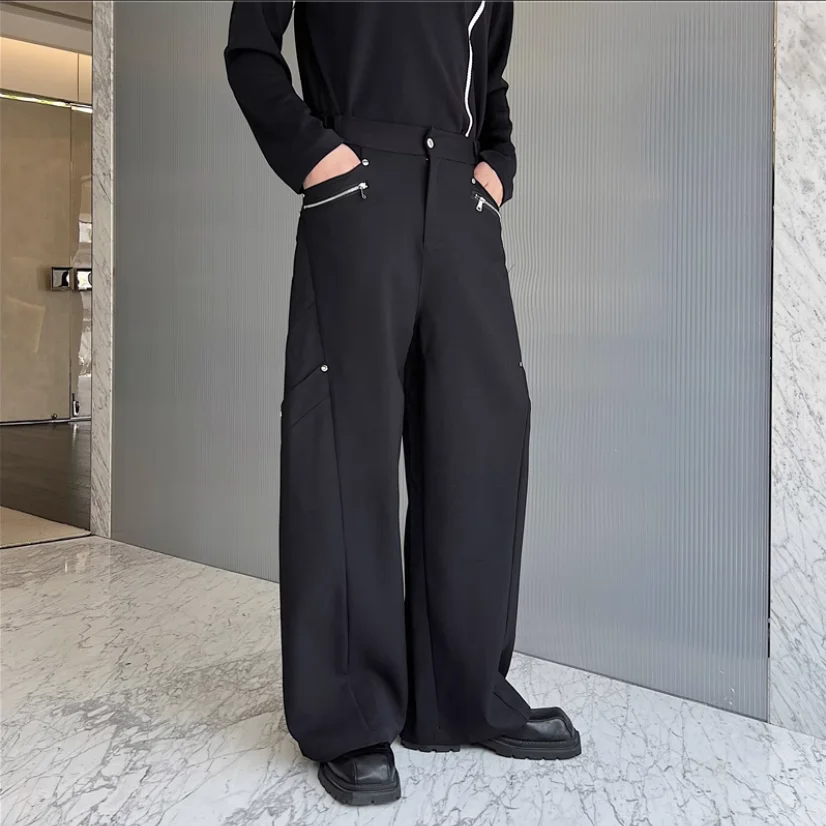 2023 autumn high-grade wide-leg suit pants men's niche zipper splice design sense Korean version of plankton straight pants