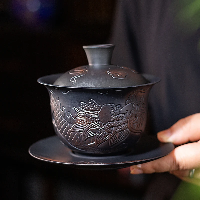 Dragon Purple Pottery Vintage Gaiwan Ceramic Jump Knife Process Tea Tureen Pigmented Kung Fu Drinkware Tea Tureen