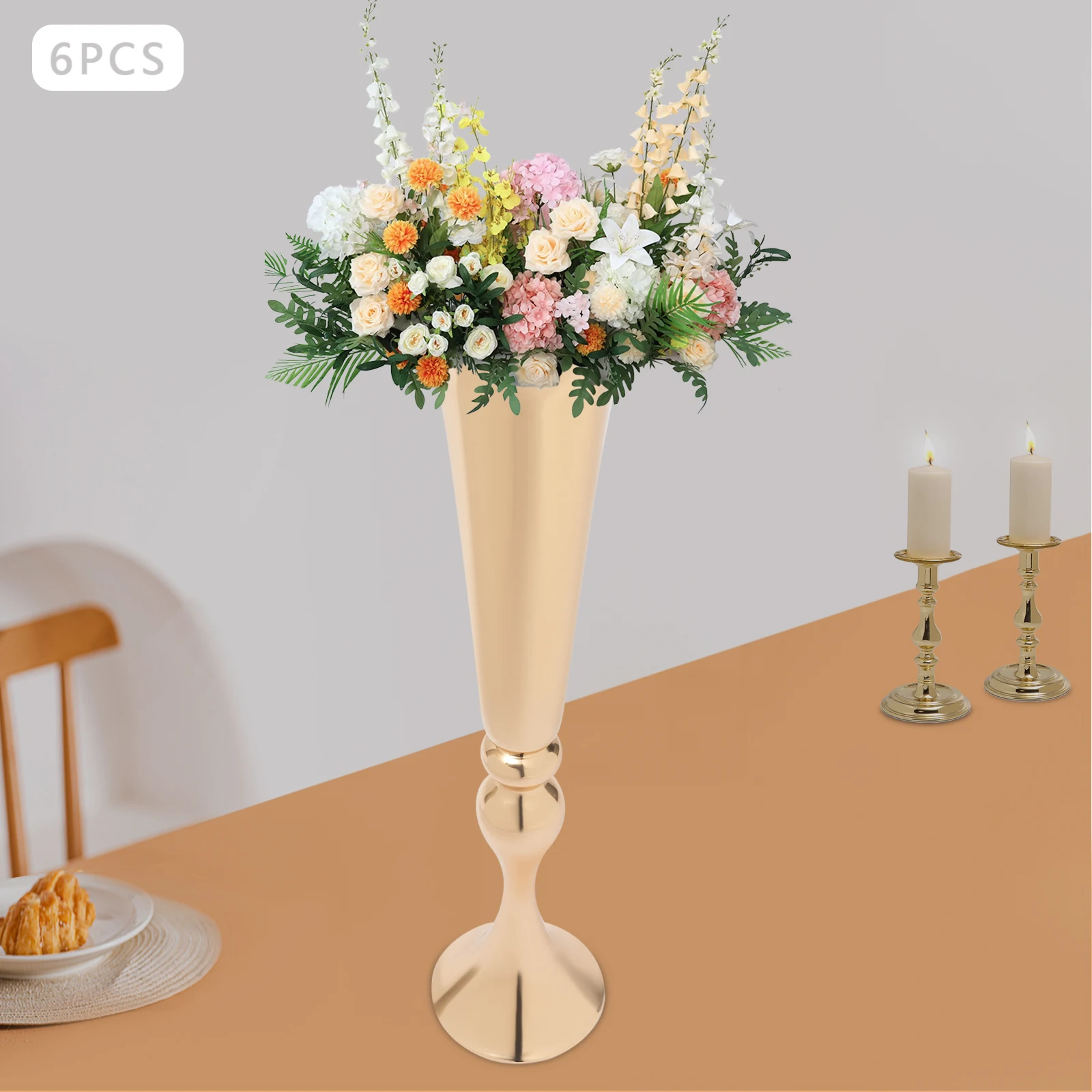 6-teiliges Gold-Hochzeitsvasen-Set, 56,5 cm hohe, ausgestellte Metall-Blumenhalter für Hochzeiten, Heim- und Partydekoration, elegantes Tisch-Mittelstück – Detail 6