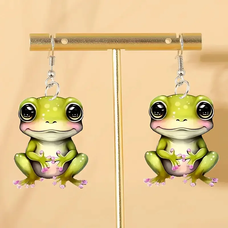 2D Flat Frog Acrylic Earrings Lovely Little Frog Holding A Camera Women Cute Dangle Party Holiday Jewelry Gift