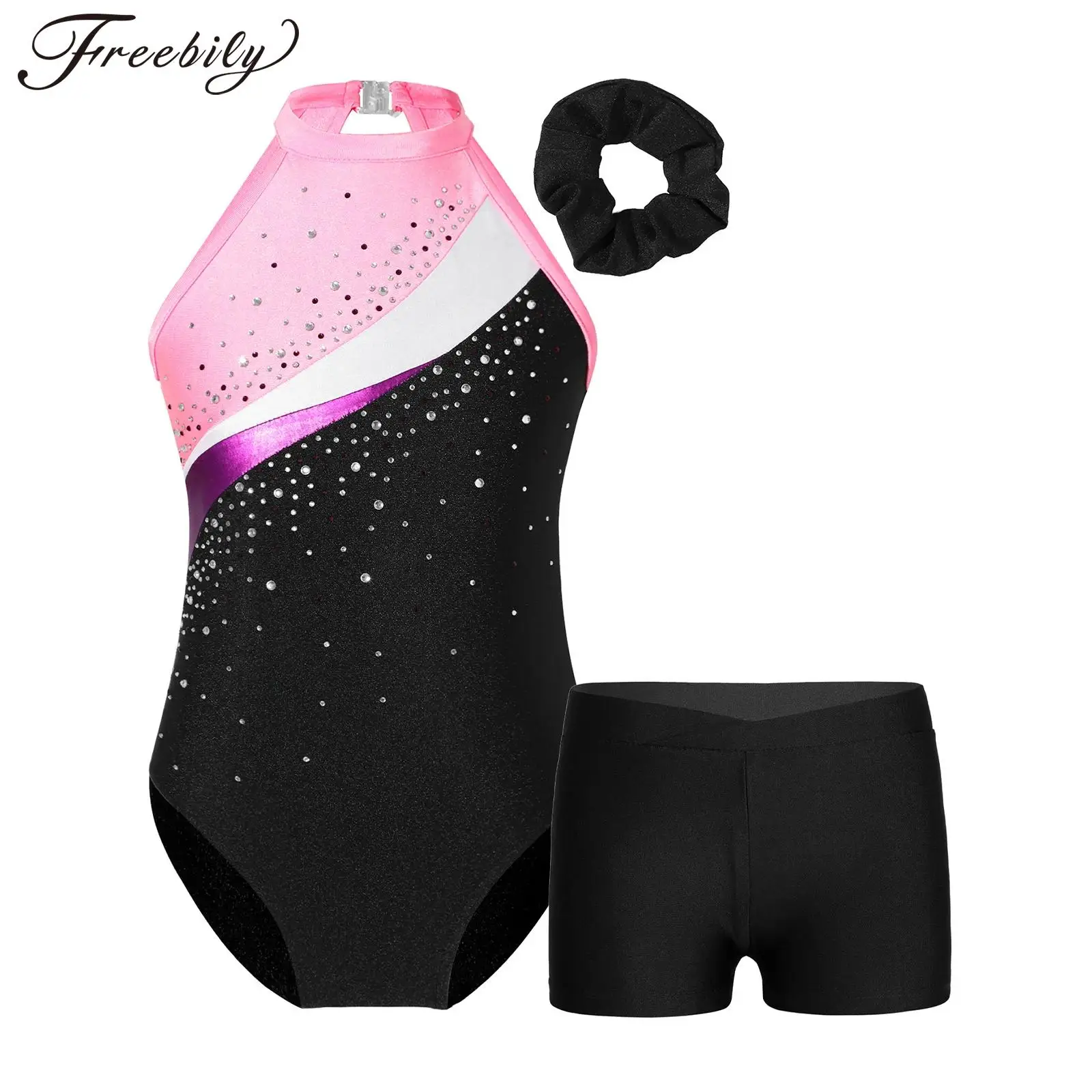 

Kids Girls Ballet Dance Leotard Set Gymnastics Skating Yoga Costume Sleeveless Shiny Rhinestone Bodysuit with Hair Band Shorts