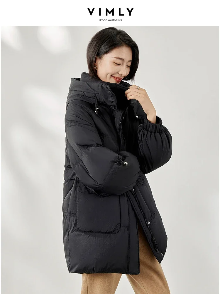 Vimly Black Hooded Zipeer Duck Down Coat 2023 Winter Lightweight Warm Thick Stand Collar Long Sleeve Women Jacket Clothing 50629