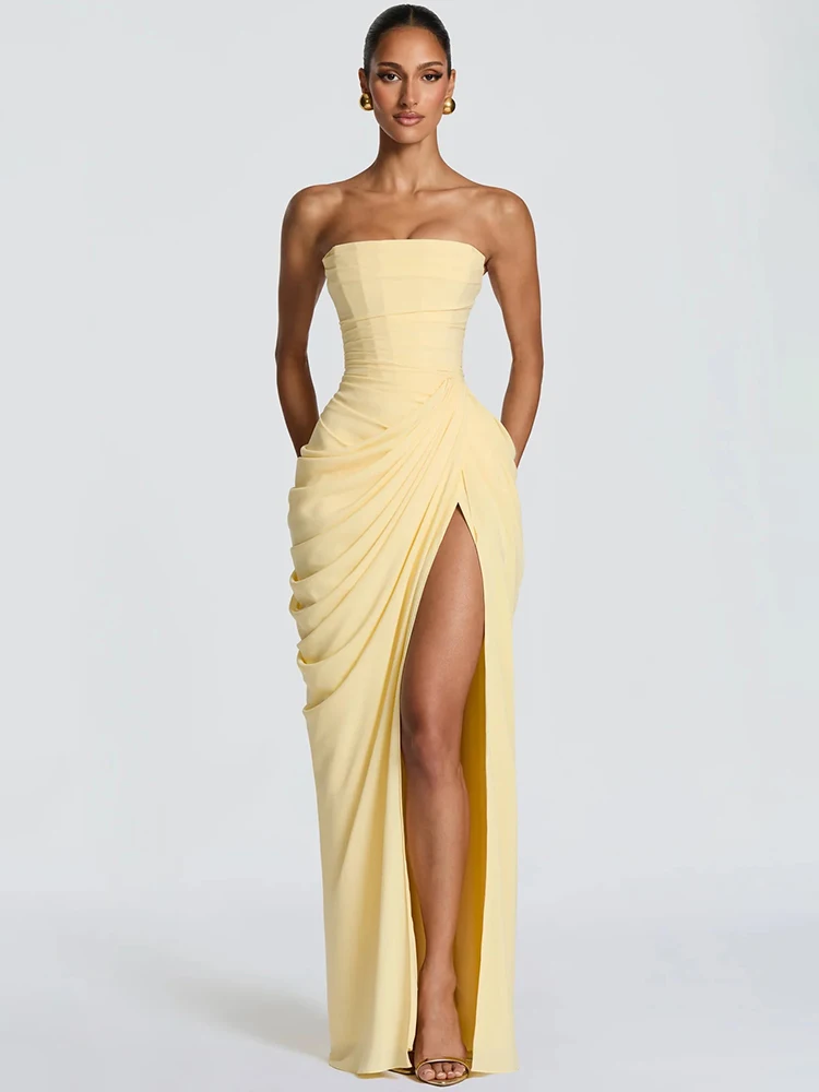 Mozision Chiffon Off-shoulder Strapless Sexy Maxi Dress Women Elegant Sleeveless Backless High Split Ruched Club Party Dress