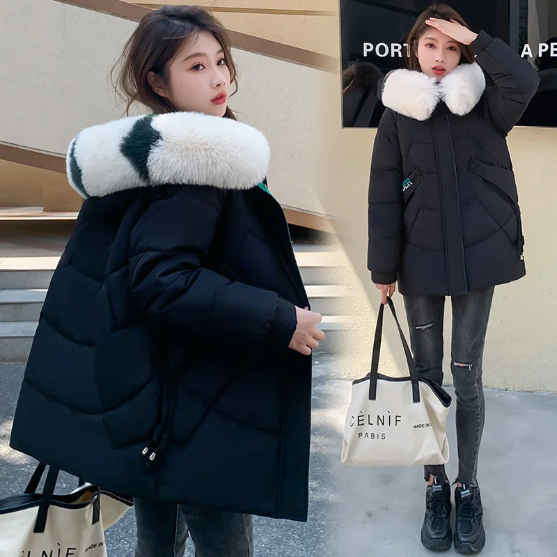 

Winter Jacket Women Parka New 2022 Warm Down Cotton Jacket Female Long Coat Fur Collar Hooded Parkas Loose Snow Wear Jackets