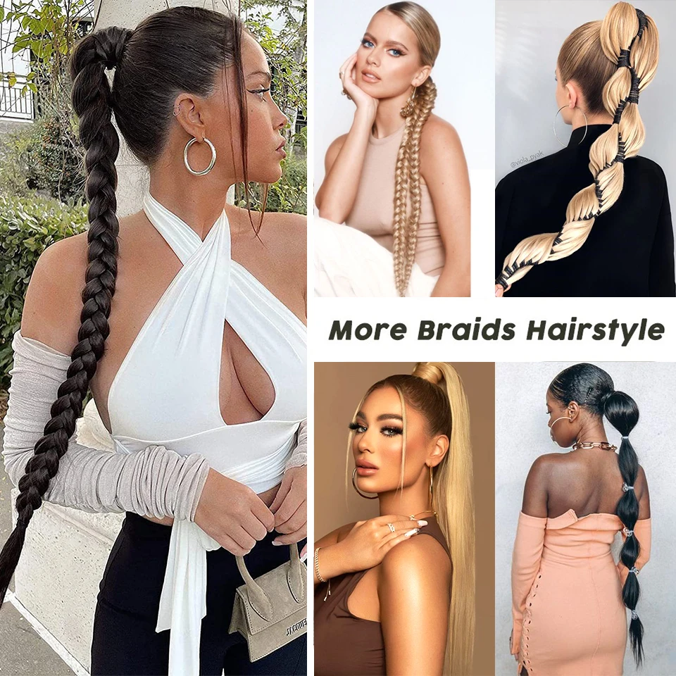 32인치 여성용 합성 롱 브레이드 포니테일 헤어 익스텐션, 블랙 브라운 포니테일, 헤어 로프 포함, 고온 섬유