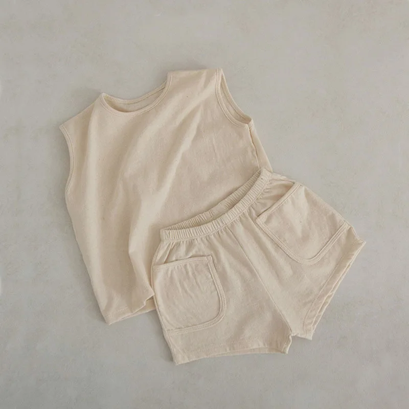 Summer Baby Boys Tank Top Tees Shorts Set 100% Cotton Solid Vest Shorts Toddler Two Pieces Sets 2