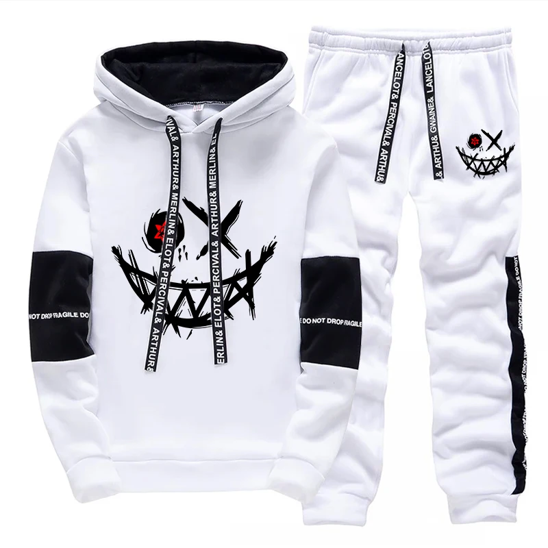 Men’s Printed Tracksuit – Hoodie and Sweatpants Streetwear Set for Outdoor & Casual Wear white