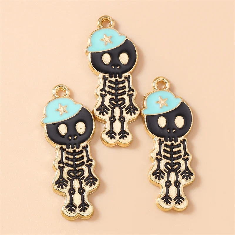 Leslie 10 Stück 13 x 33 mm bunte Emaille-Halloween-Schädel-Skelett-Charms-Anhänger für Schmuckherstellung, Halsketten, Ohrringe, Armbänder, DIY – Detail 14