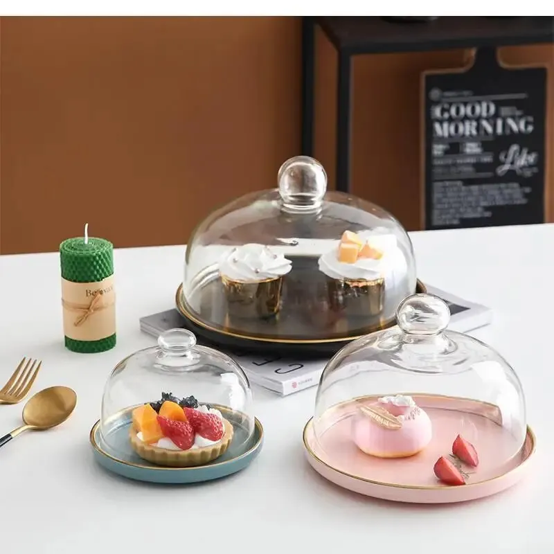 Ceramic Western Food Plate with Glass Cover Cake Tray Phnom Penh Matte Frosted Dessert Fruit Home Decor Storage