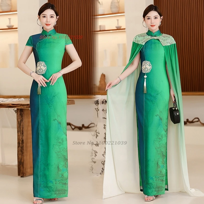 

2024 chinese vintage dress improved cheongsam national flower embroidery with cloak qipao retro banquet evening party dress