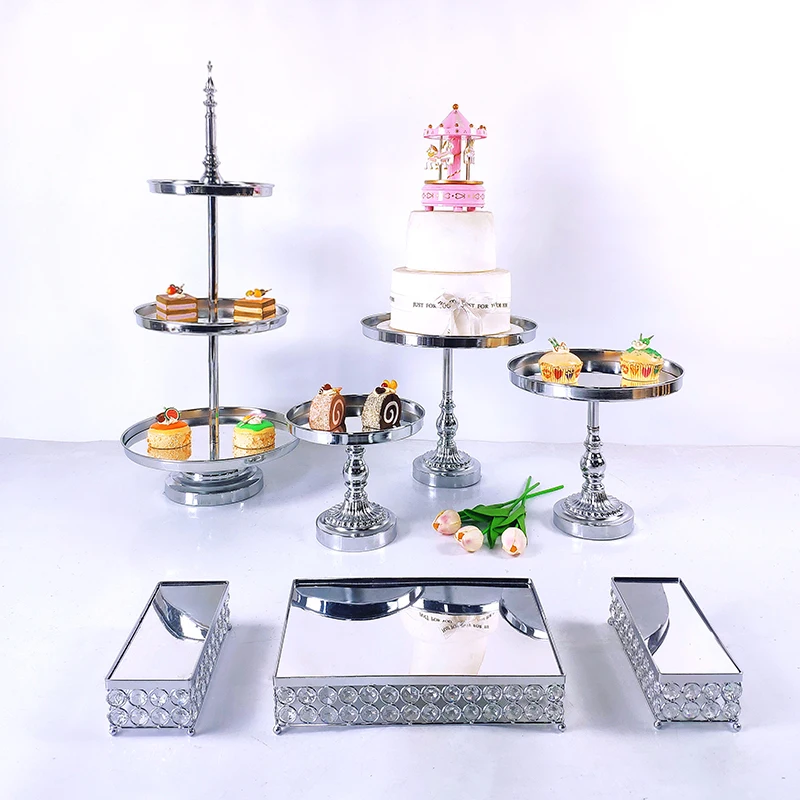 Gold Silver 7-10 Pcs Gold Crystal Metal Wedding Cake Stand Set Rack Holiday Party DisplayTray Cupcake Plate