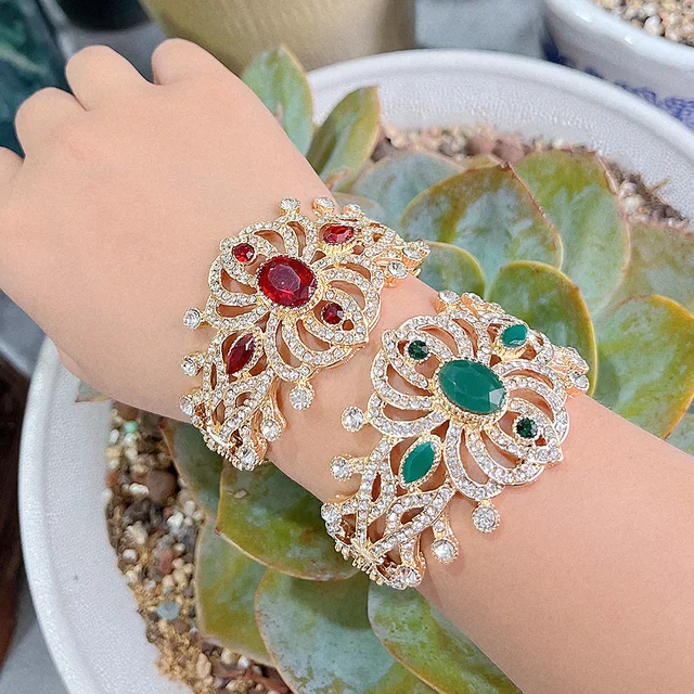 Sunspicems 18K Gold Color Crystal Morocco Cuff Bracelet Bangle Algeria Bride Wedding Jewelry Flower Turkey Arabic Bangle Gift 3