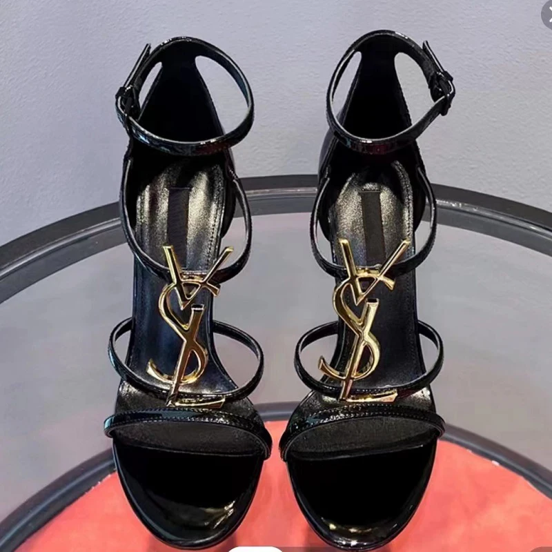 Black high-heeled sandals women's 2024 summer new French sexy letter buckle thin-heeled open-toed high-heeled women's shoes 2