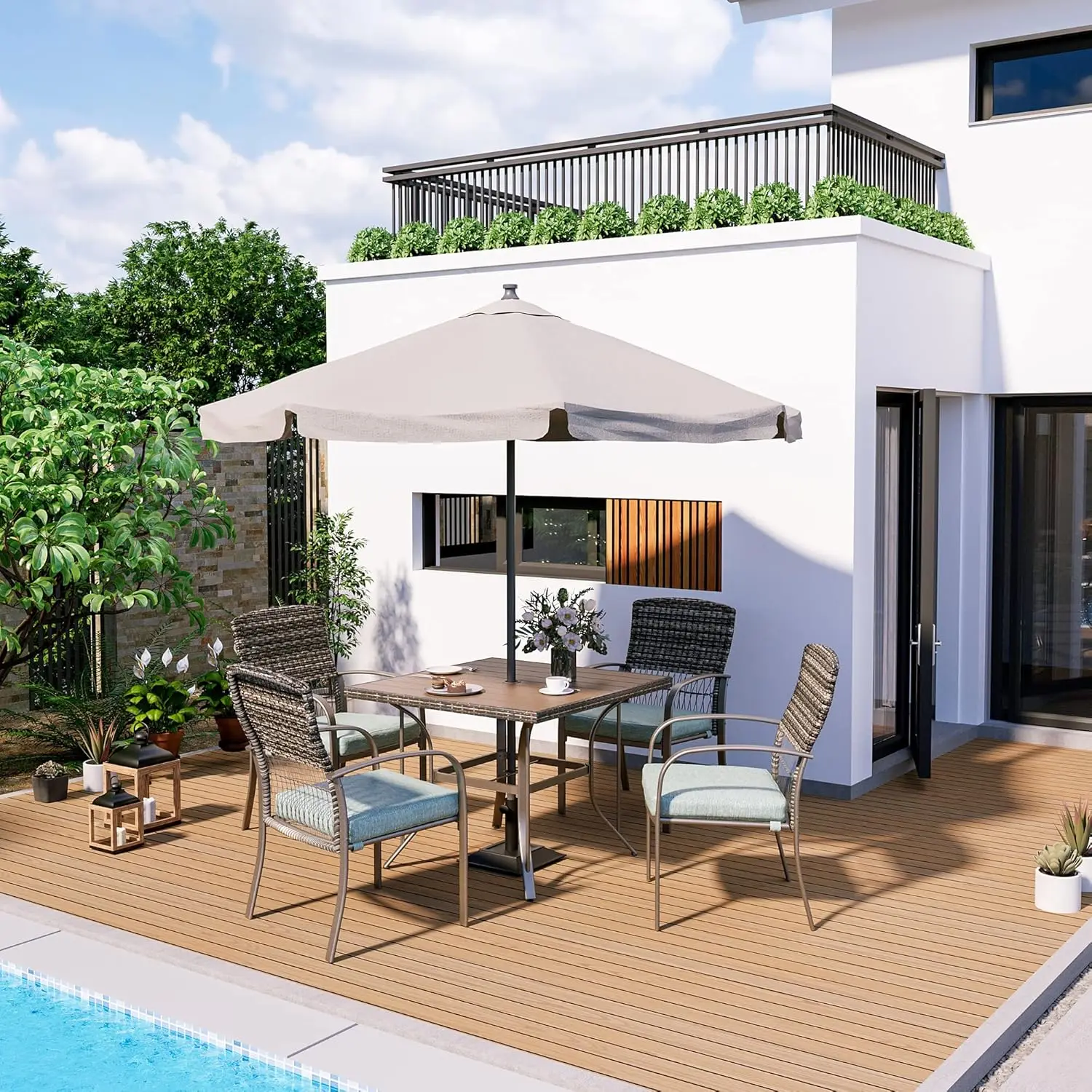 5 Piece Patio Dining Set, Green, Weather Resistant PE Rattan Table and Chairs, Comfortable Cushions, Easy Maintenance 3