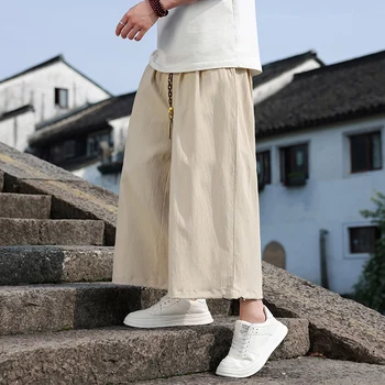 Summer Ankle-Length Pants Men Fashion Chinese Style Casual Loose Harem Pants Man Lightweight Straight Wide Leg Pants Men M-5XL 1