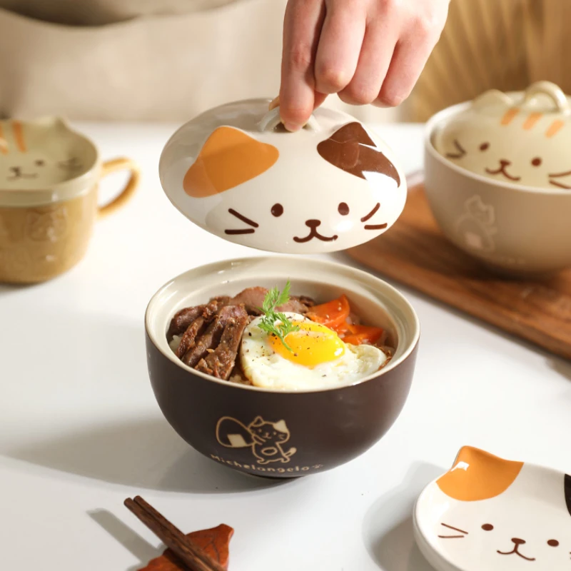

Japanese Cat Instant Noodle Bowl with Lid Ramen Bowl Cute Ceramic Rice Bowl Home Creative Breakfast Bowl Noodle Bowl