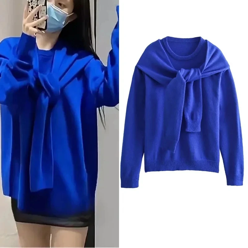 

TRAF Woman's Blue Sweater Fashion Knotted New Pullovers Women Elegant Long Sleeves Knitwears Female Round Neck Autumn Outerwears