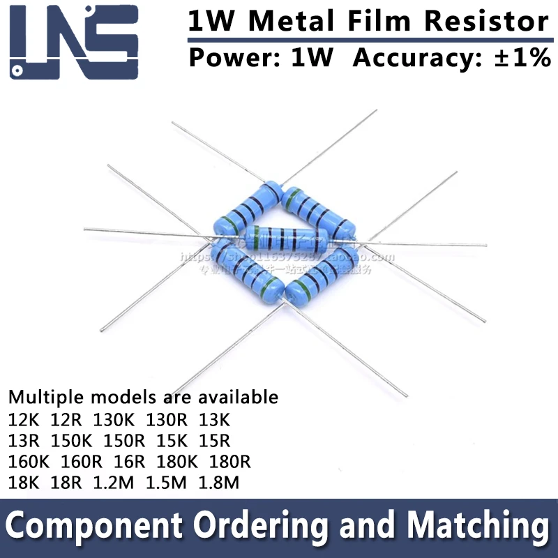 

20 шт. металлический пленочный резистор 1 Вт 1% 12K 12R 130K 130R 13K 13R 150K 150R 15K 15R 160K 160R 16R 180K 180R 18K 18R 1,2 M 1,5 M 1,8 MOhm