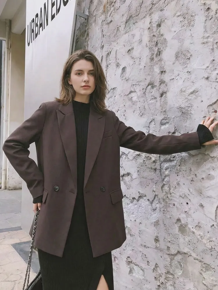 HH Women Elegant Fashion Solid Blazer Coat Double Breasted Long Sleeve Casual Jacket Spring Trend Offcie Lady Chic Outerwear