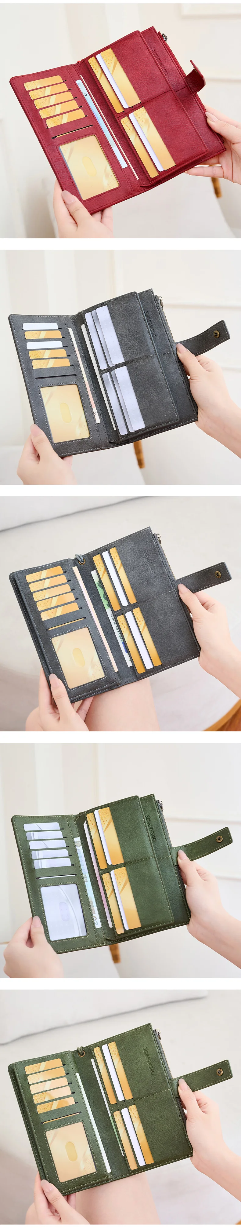 Damen-Geldbörse, RFID, großes Fassungsvermögen, Kreditkartenetui, modische Reißverschlusstasche, Leder, zweifach gefaltet, Kontrast-Armband, Clutch, Münzgeldbörse – Detail 7