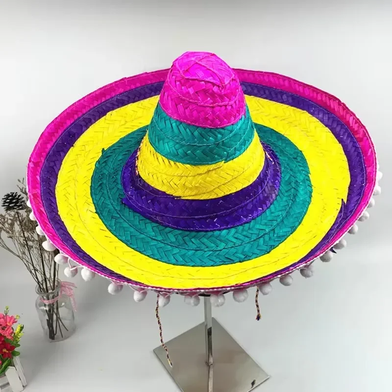 Carnival Party Mexican Sombrero Hat with Pompom Ball Hats