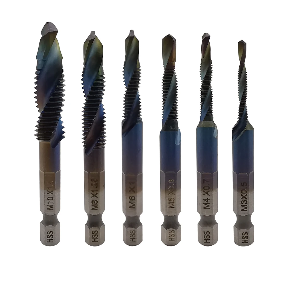 

6Pcs Tap Drill Bit Hex Shank HSS Screw Thread Machine Compound Taps Drills Drilling Hand Tool Set M3 M4 M5 M6 M8 M10