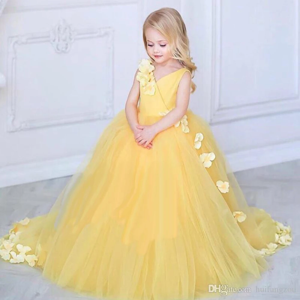 

New Arrival Flower Girl Dresses Pageant Dress V Neck Sweep Train 3D Floral Appliqued Girls Formal Wear Mariage