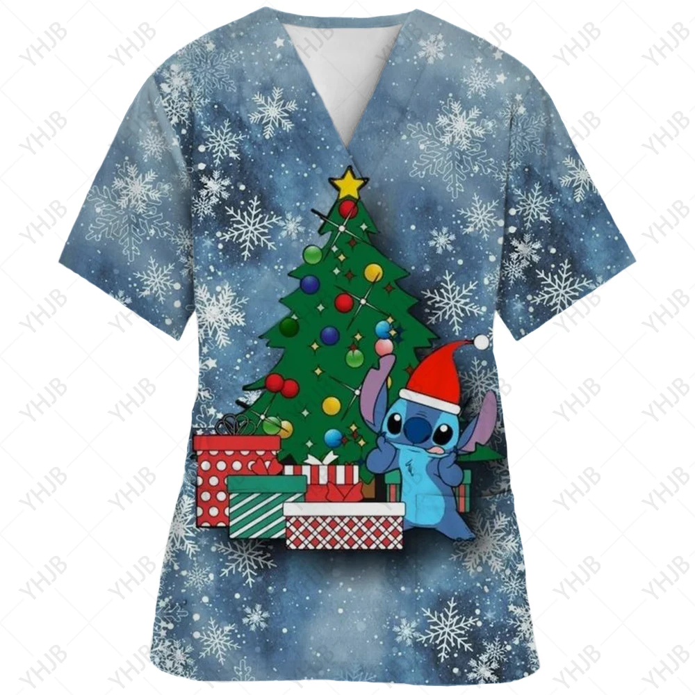 thumbnail image 1 of Blusa de uniforme de trabajo con cuello en V y cordón de manga corta con estampado de dibujos animados de Disney Stitch para mujer, 1 of 4