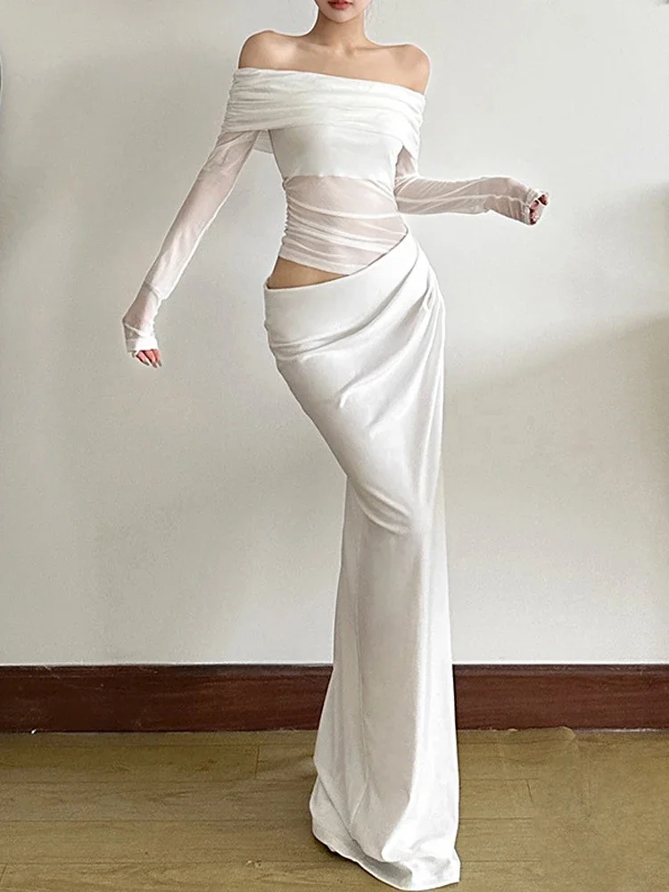 Nibber Mesh Ruched Women Maxi Dress Sexy See Through Off Shoulder Long Sleeve Sheath Vestidos Female Midnight Party Solid Robe