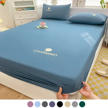 Embroidered Egyptian Cotton Fitted Bed Sheet with Elastic Band Plain Anti-Slip Adjustable Mattress Cover Soft Comfort Bedsheet