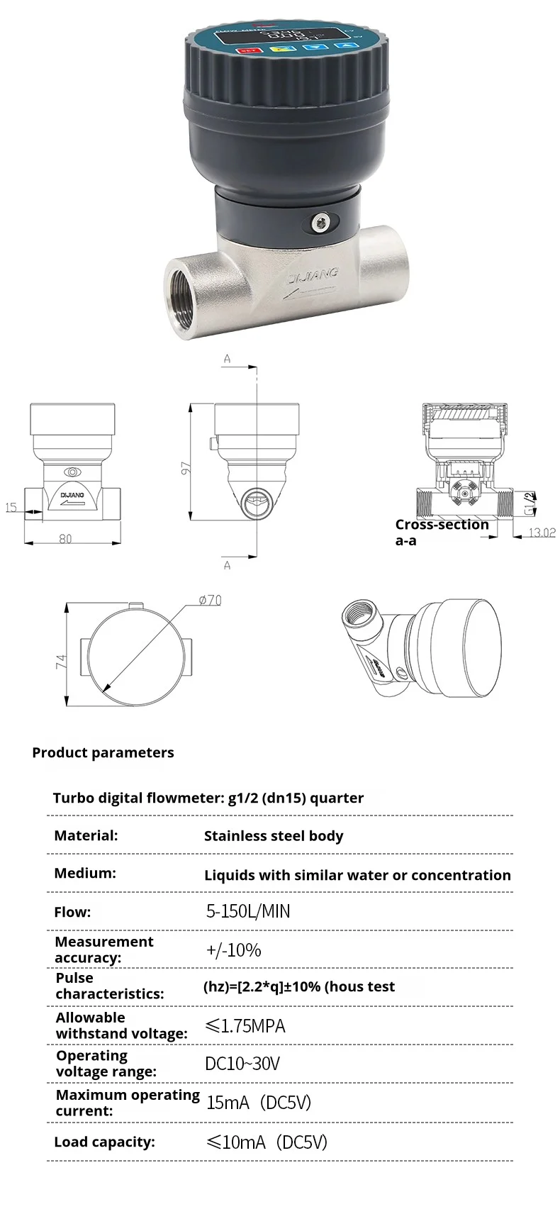 SUS-LCD Compact Stainless Steel LCD Water Flow Meter Battery Operated Threaded f