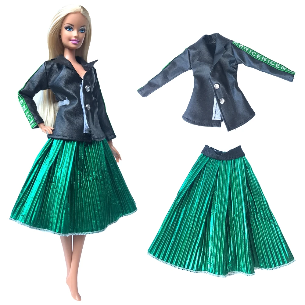 

NK Official 1 Pcs Fashion Dress Pu Coat Shirt +Party Green Skirt Casual Clothes For Barbie Doll Accessories Dressing Up Toys