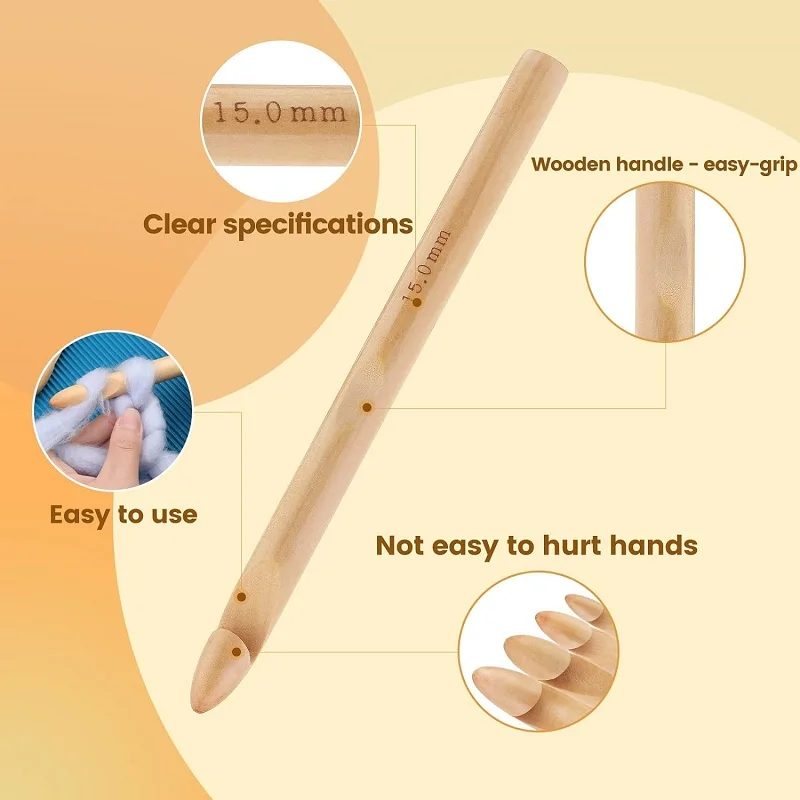 Description Picture 4 of item16Pcs Wooden Crochet Hooks 3 to 30mm in Diameters Handle Crochet Kit Knitting Needles with 10pcs Stitch Markers for Crochet DIY