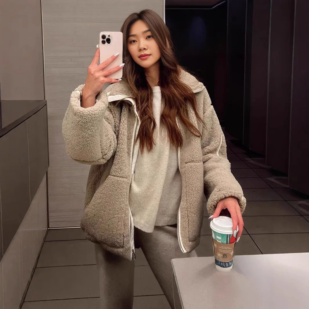 جديد المرأة جاكيت من الصوف الخريف الشتاء سستة ملابس خارجية الدافئة أفخم السترات Harajuku عادية فضفاض الإناث معطف سميك القمم الملابس