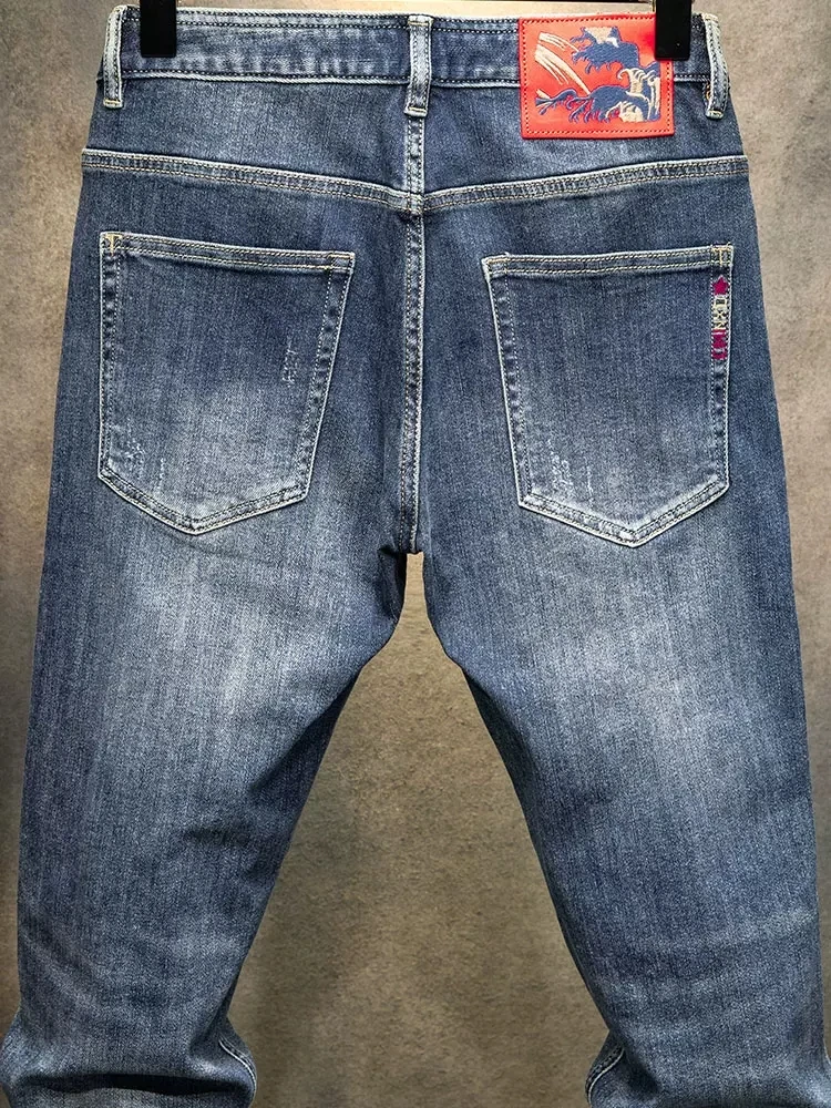 Newly Designer Fashion Men Jeans High Quality Retro Blue Elastic Slim Fit Ripped Jeans Men Embroidery Vintage Denim Pants Hombre