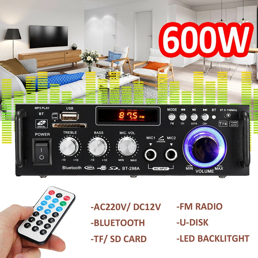 Car Stereo Amplifier 12V/ 220V BT-298A 2CH LCD Display 300W+300W Digital HIFI Audio Stereo Power Amplifier Bluetooth FM Radio With Remote Control EU