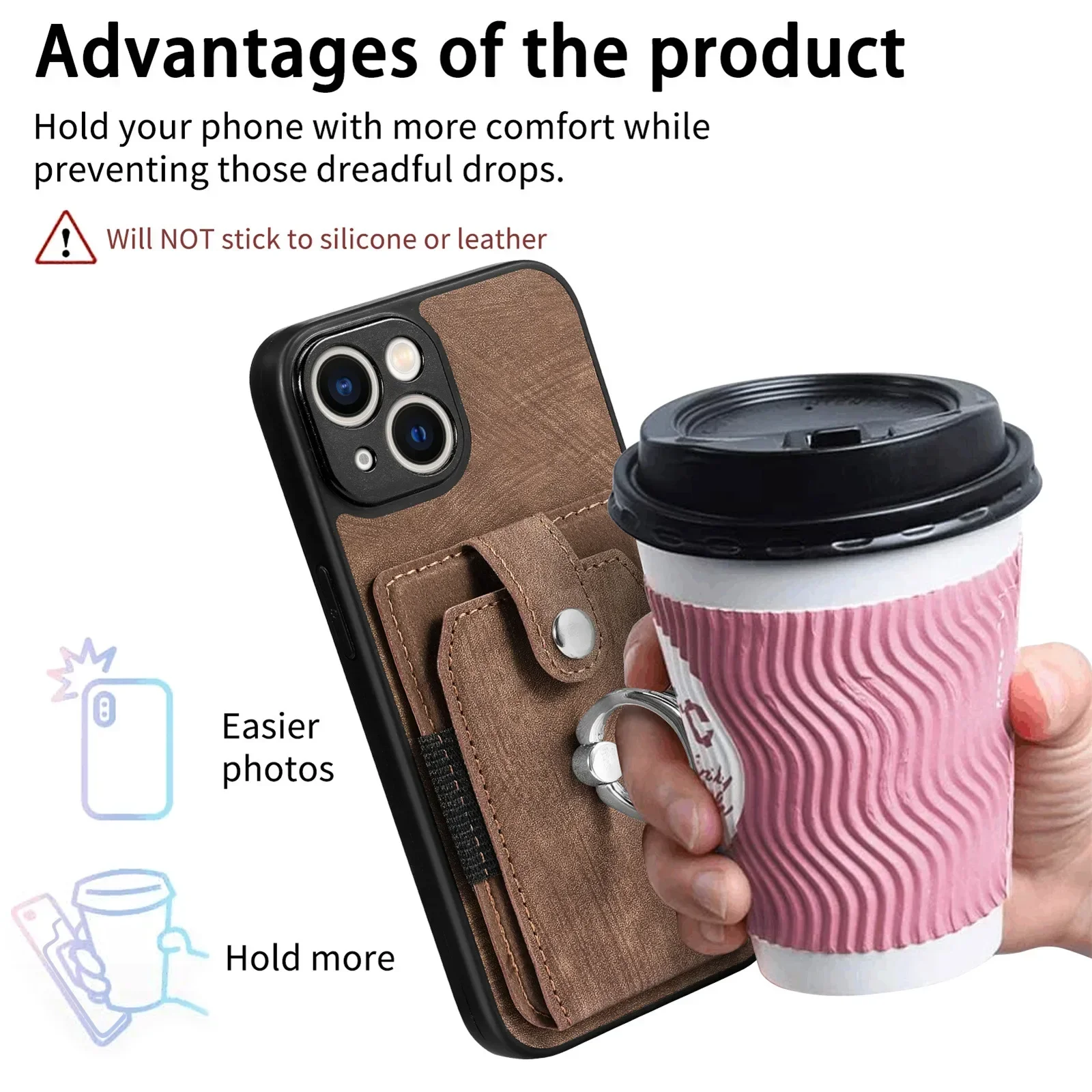 Magnetic Finger Ring Holder Phone Case with Wallet Card Slot and PU Leather Cover