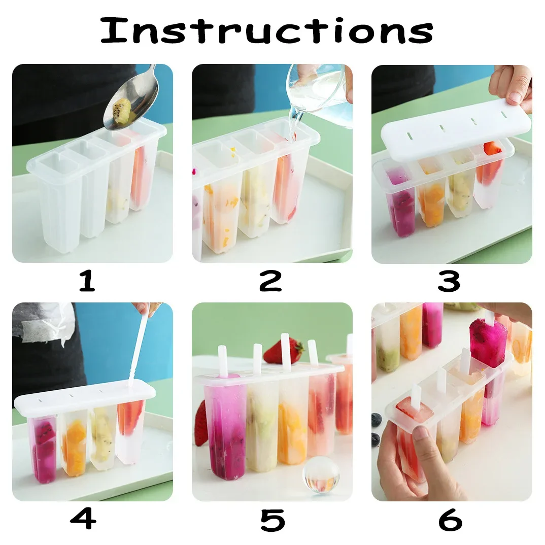 Popsicle Mold Homemade Strawberry Fruit Popsicle Mold Children's Frozen Ice Cream Kitchen Bar Tool Ice Cream 4 Grid Trays