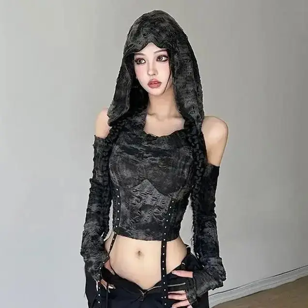 T-shirts Women Hooded Spring Long Sleeves Distressed American Retro Creativity Solid Streetwear Fashion Slim Backless Cut Out