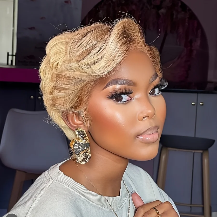 Short Pixie Cut Bob Wig Transparent 13X4 Lace Frontal Wavy Human Hair Wigs For Women Highlight Wig PrePlucked Hairline